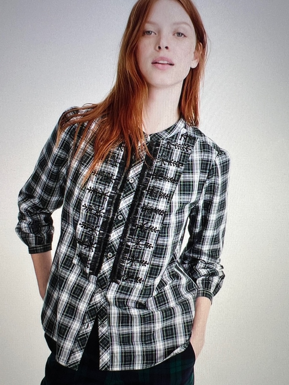 JCrew Embellished Buttonup Shirt in Forest Tartan